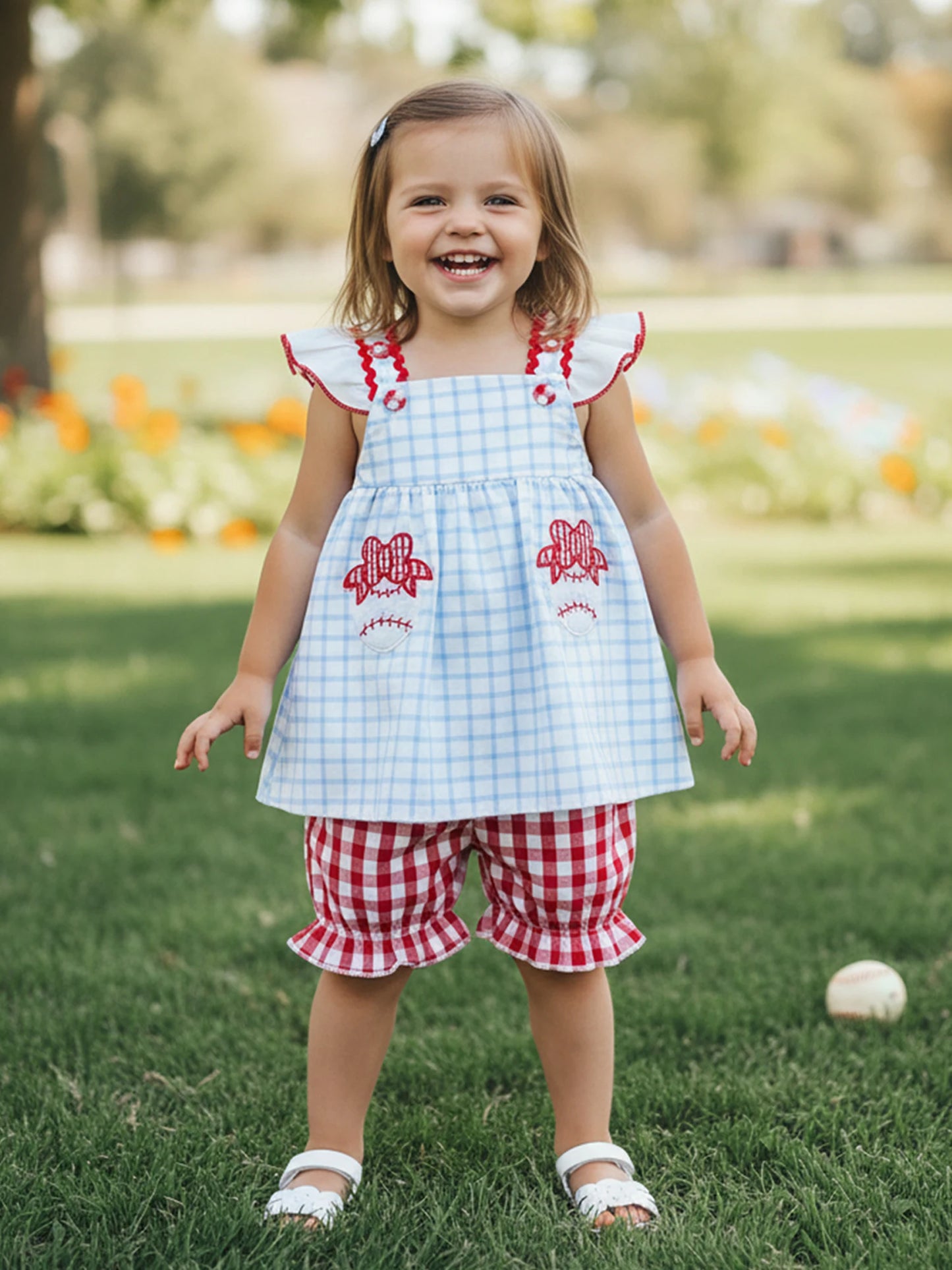 Toddler Girls 2-Piece Outfit Set - Plaid Baseball Embroidery Top & Shorts