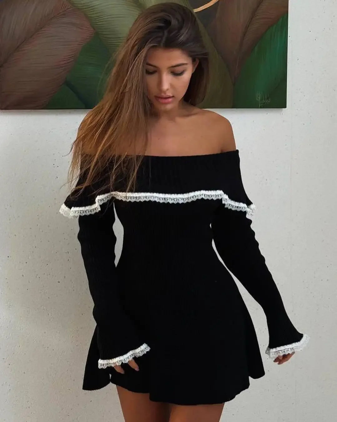 Women's Knit Off-Shoulder Sweater Mini Lace Patchwork Ribbed Slim Backless Elegant Party Knitwear Dress