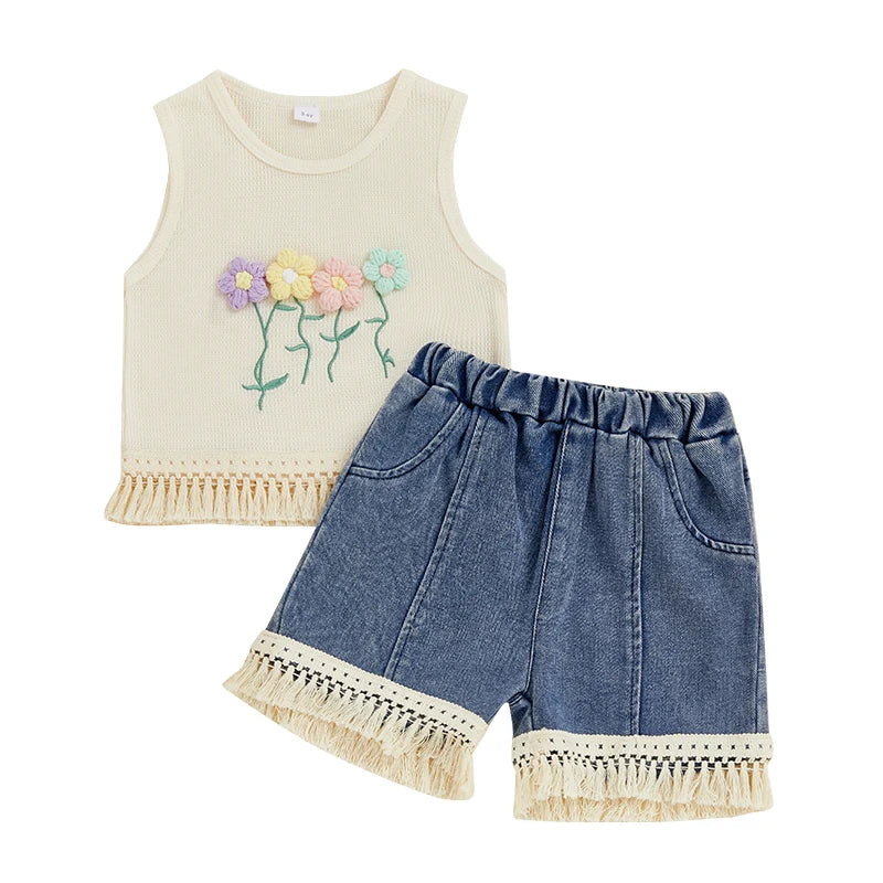 1-5Y Kids Girls Summer Clothes Sets Sleeveless Floral Embroidery Tasseled Tank Top and Elastic Denim Shorts