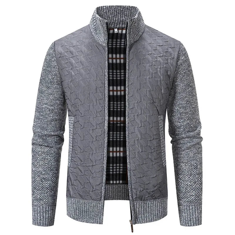 Men's Autumn Winter Slim Stand Collar Knitted Outerwear Coat Casual Knit Patchwork Jacket
