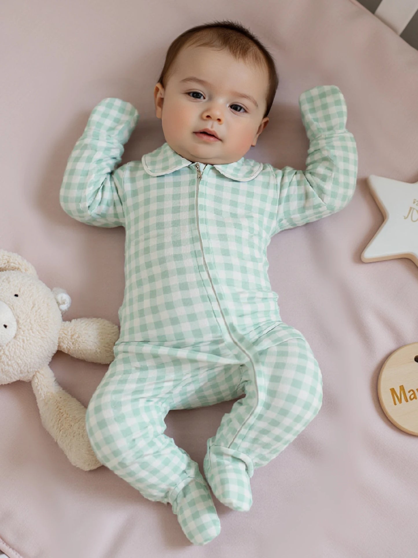 Newborn Baby Plaid Romper - Doll Collar Long Sleeve Zip-Up Footed Jumpsuit