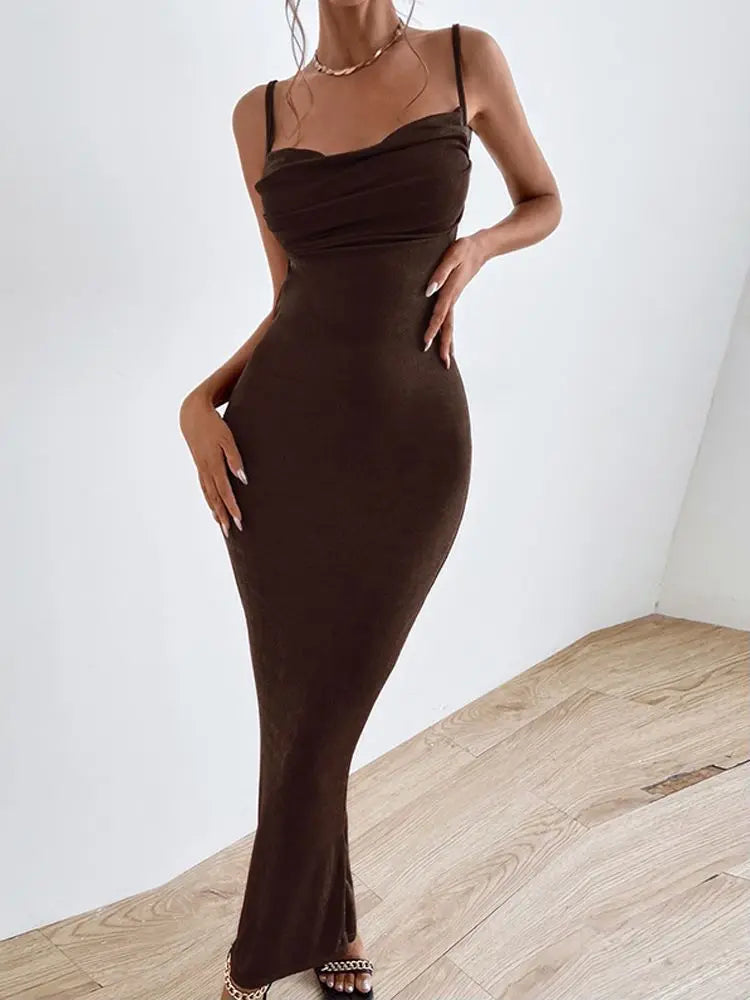 Women's Draped Maxi Dress - Sleeveless Spaghetti Strap Bodycon Dress