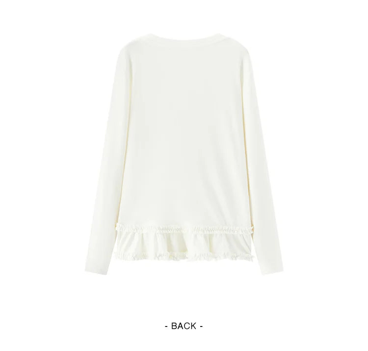 Long Sleeve Solid Color Lettuce Edge Slim Fit Ruffle Hem Top