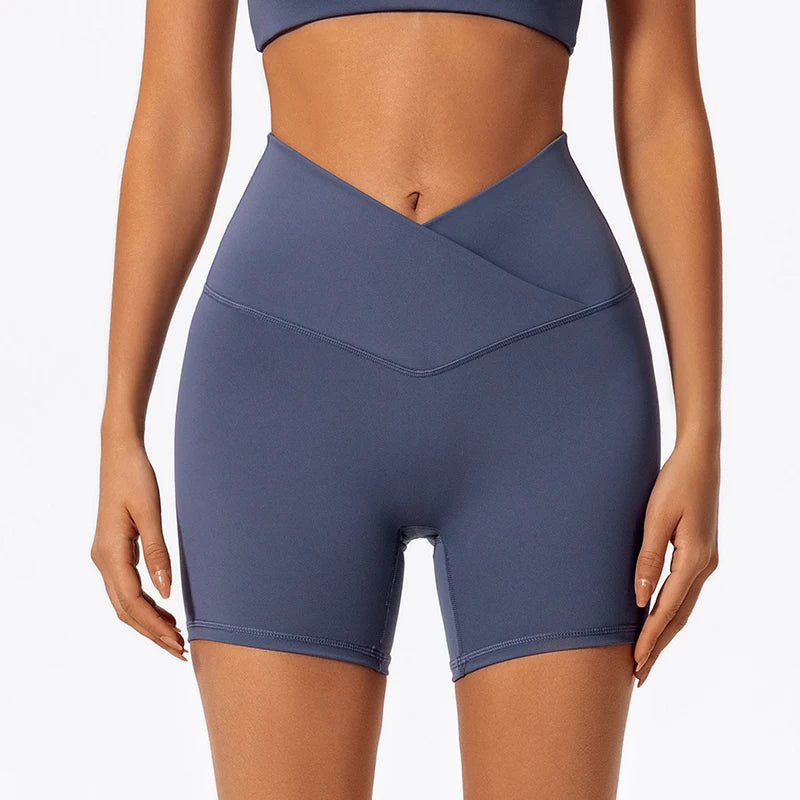 Cross Waist Gym Shorts - High Waist Breathable Cycling Yoga Shorts
