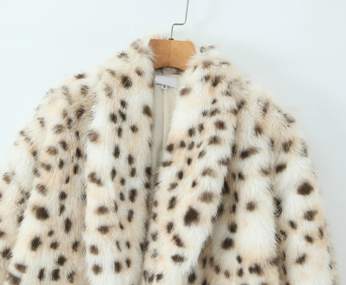 Faux Fur Leopard Print Long Coat - Long Sleeve Loose Warm Winter Outerwear