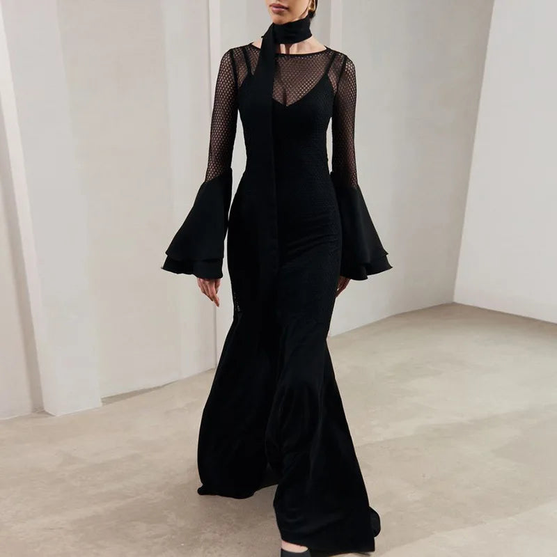 Women's See Through Bodycon Maxi  Flare Long Sleeve High Waist Gown Splice Dress