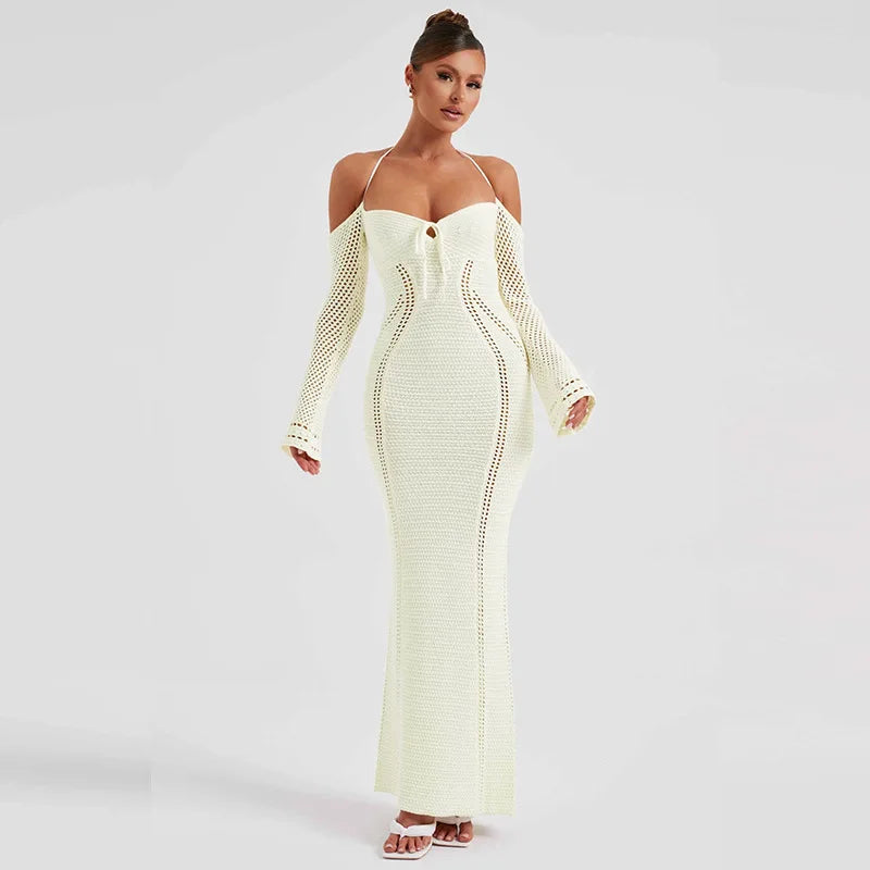 Women's Off Shoulder Halter Knit Dress - Long Sleeve Elegant Backless Tie Front Maxi Dress