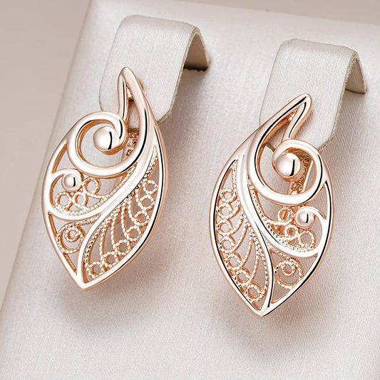 Women's Glossy 585 Rose Gold Colour Ethnic Bridal Unusual Hollow Flower Drop Earrings