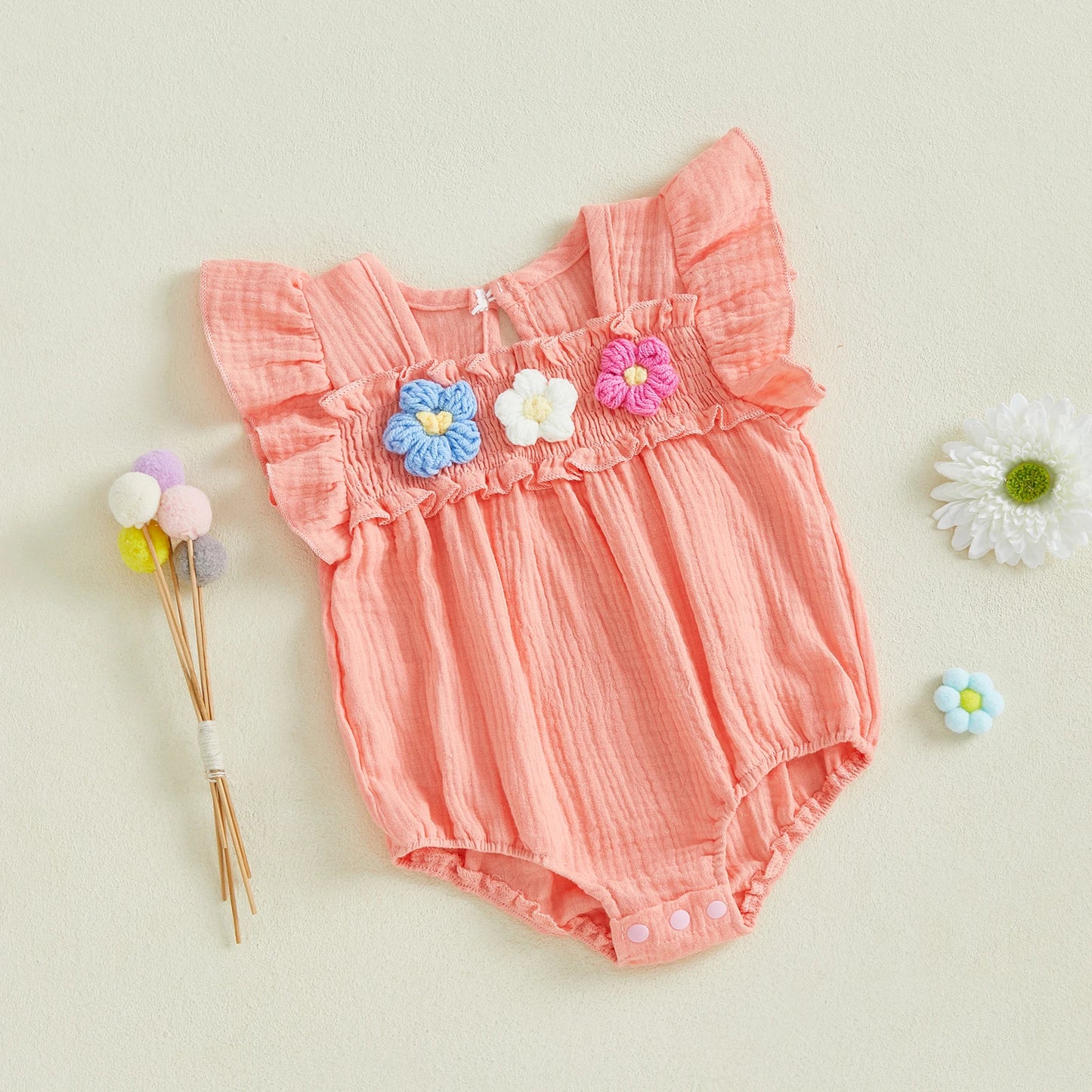 Newborn Baby Girls Flower Embroidery Romper - Smocked Flying Sleeve Jumpsuit (0-12M)