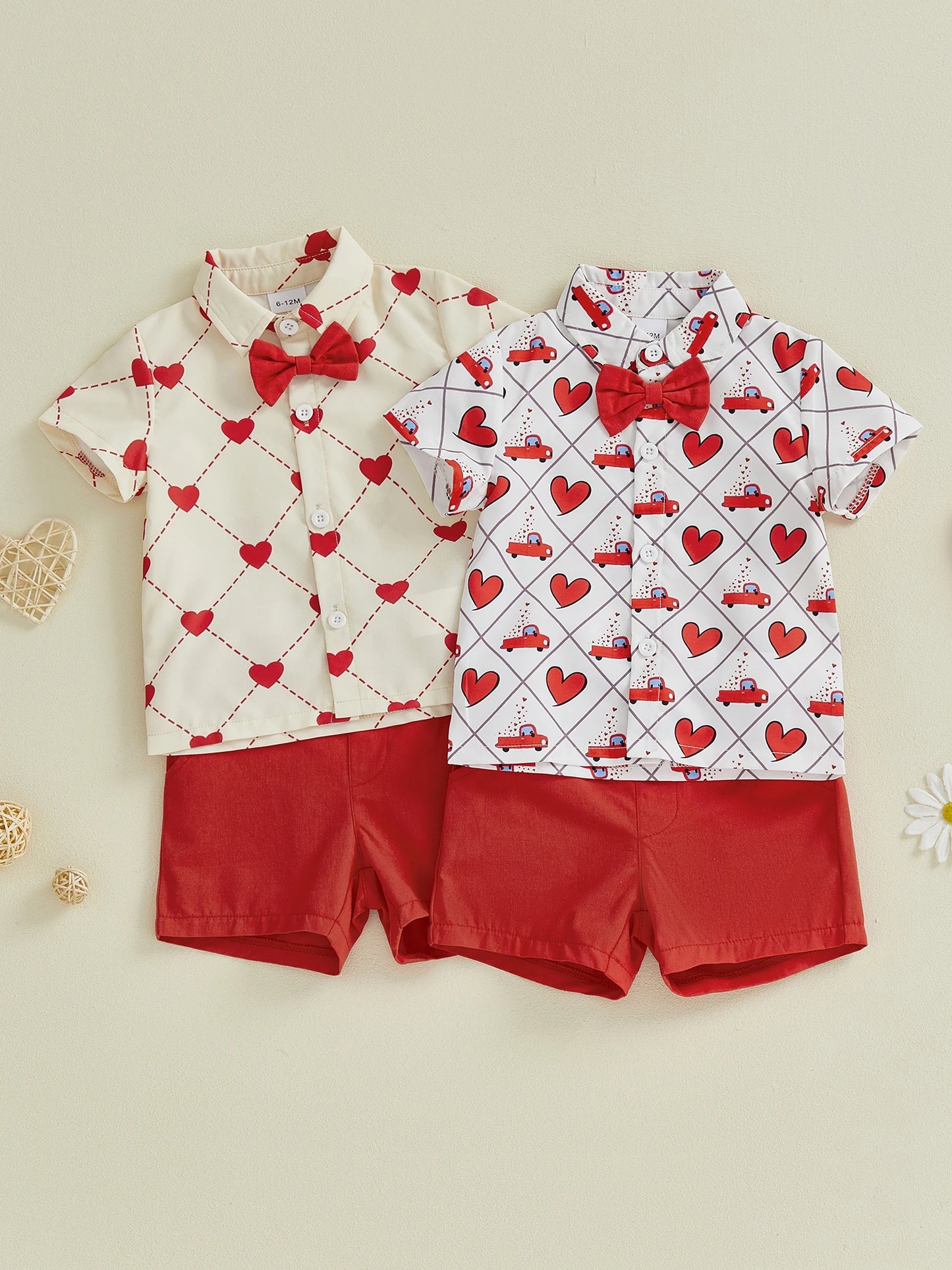 Valentine's Day Baby Boy Outfit Set - Heart Print Bowtie Shirt & Solid Shorts