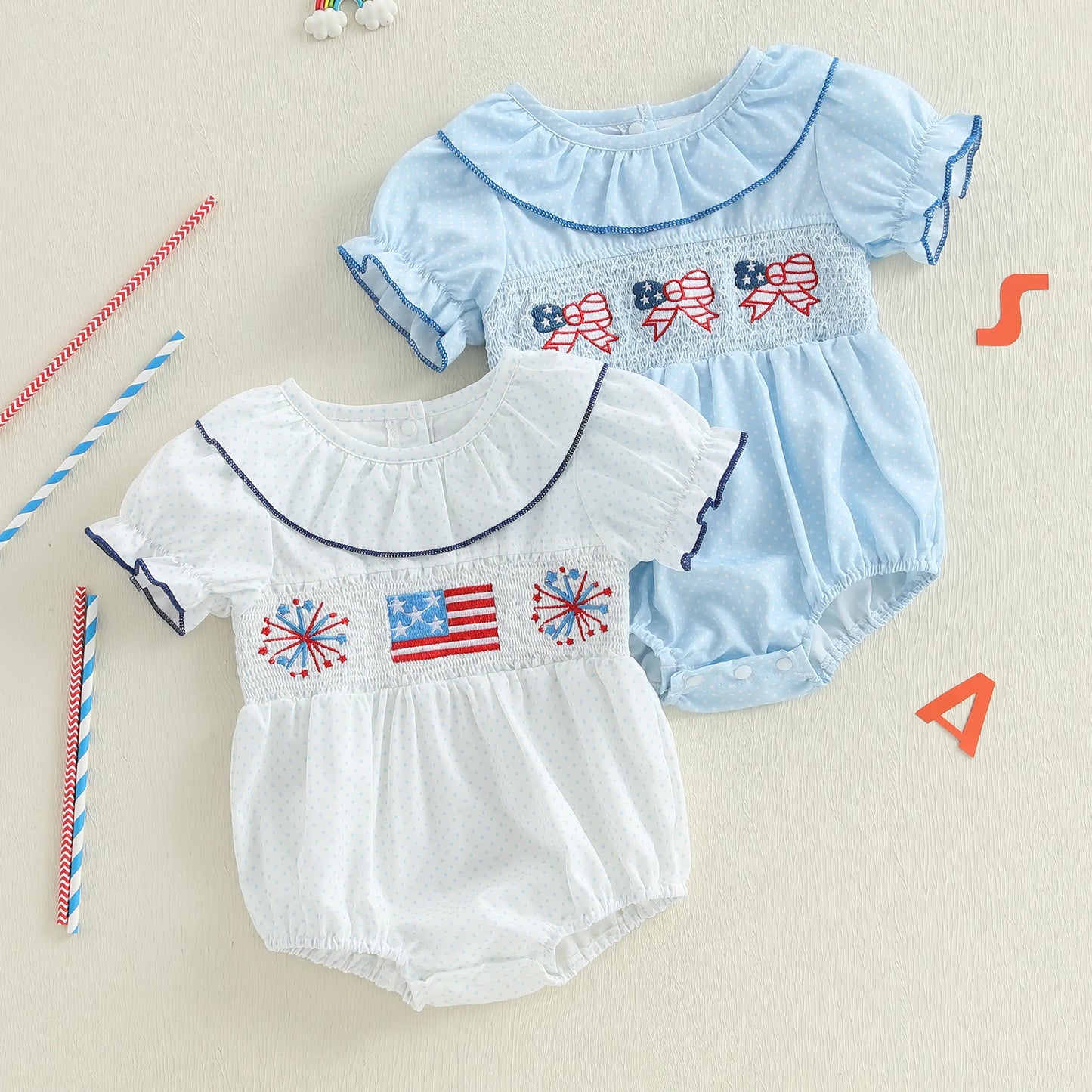 Baby Girls' Independence Day Romper - Dot Print Bow Flag Embroidery Ruffled Jumpsuit