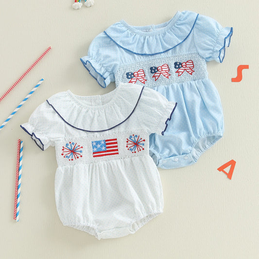Baby Girls' Independence Day Romper - Dot Print Bow Flag Embroidery Ruffled Jumpsuit