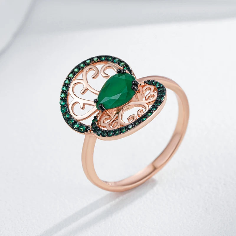 Women 585 Rose Gold and Black Plating Vintage Green Natural Zircon Crystal Flower Rings