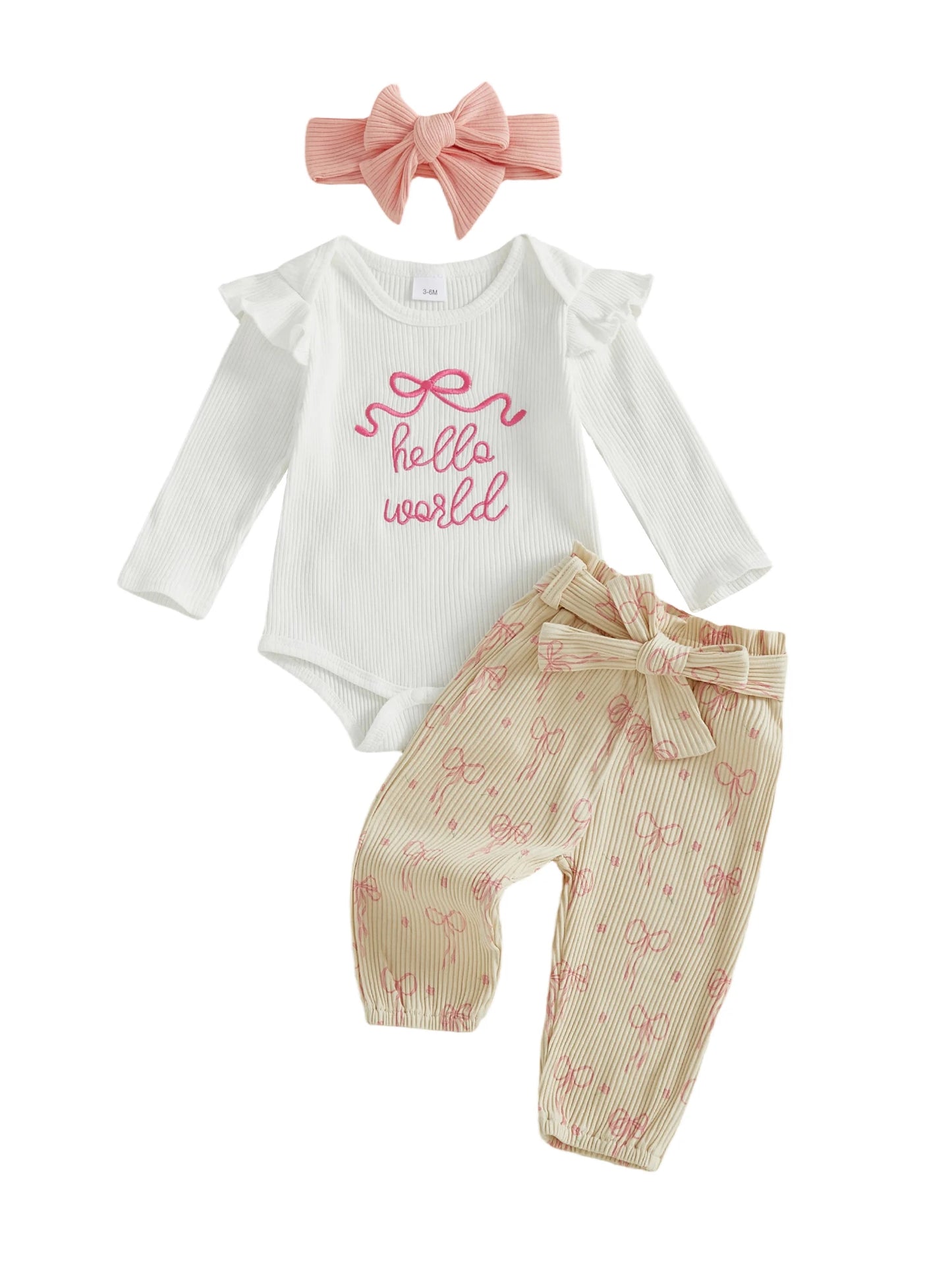 Newborn Baby 4-Piece Outfit Set - Long Sleeve Romper, Pants, Belt & Headband