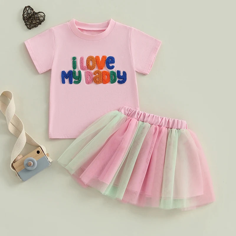 0-5Y Toddler Kids Girls Summer Clothes Sets Letter Embroidery Short Sleeve T-Shirt and Elastic Tulle Skirt