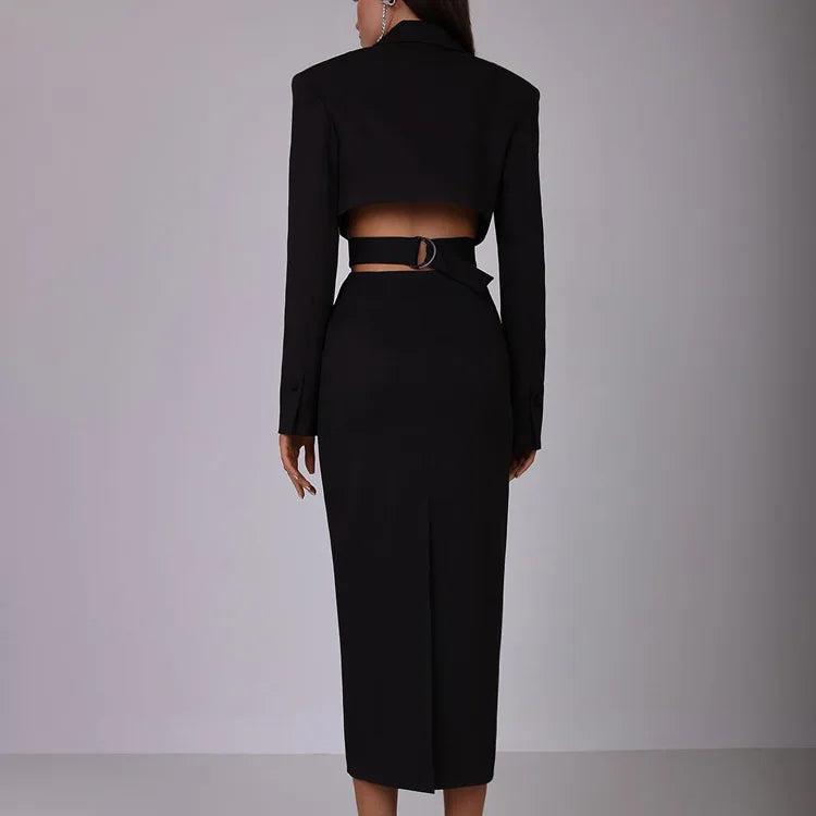 Women's Hollow Waist Suit Single Breasted Midi Lapel Long Sleeve Elegant Dress