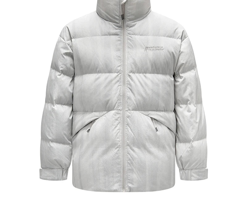 Down Jacket Men Textured Loose Fit Stand Collar Fashion Embroidered Coat Winter Outerwear