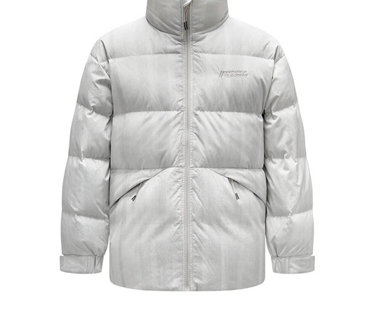 Down Jacket Men Textured Loose Fit Stand Collar Fashion Embroidered Coat Winter Outerwear