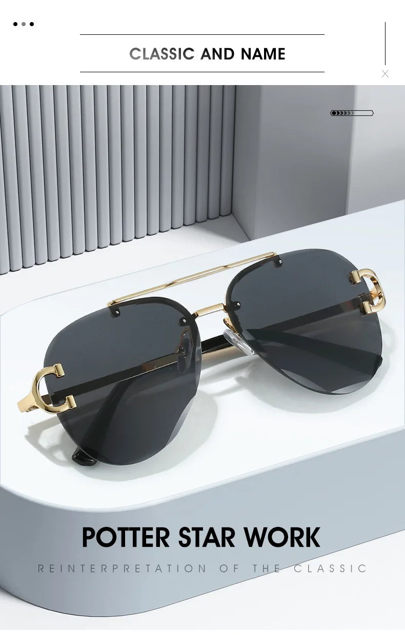 Unisex Vintage Rimless Classic Double Bridge Pilot Gradient Sunglasses