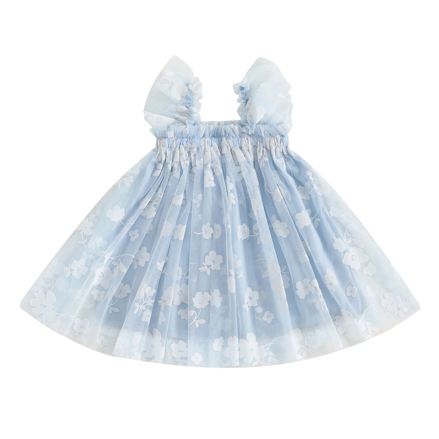 0-4YBaby Girls Summer Dress Glitter Star/Flower Print Fly Sleeve Square Neck Mesh Tulle Summer Dressress