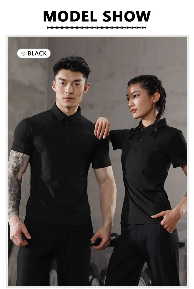 Men's Summer Casual Stretch Gym Muscle Fit Shirt Sports  Quick Dry Ice Silk Short Sleeve Golf Polo Lapel T-Shirt