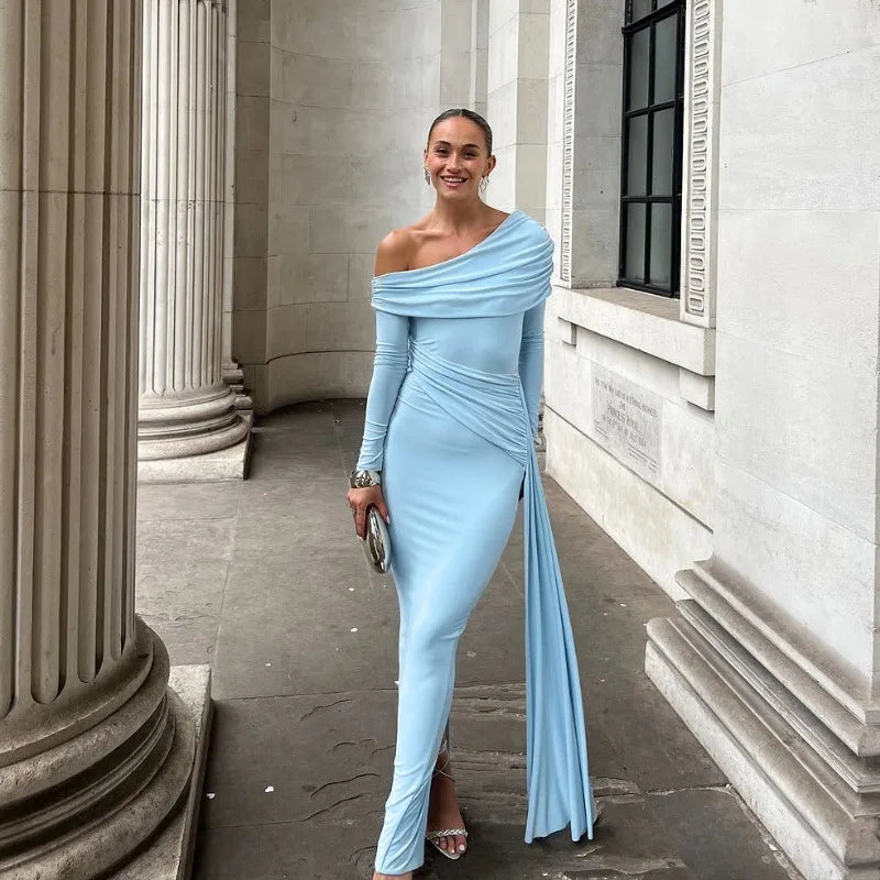 Women's Elegant Asymmetrical Ruched Maxi Dress - Long Sleeve Bodycon Gown