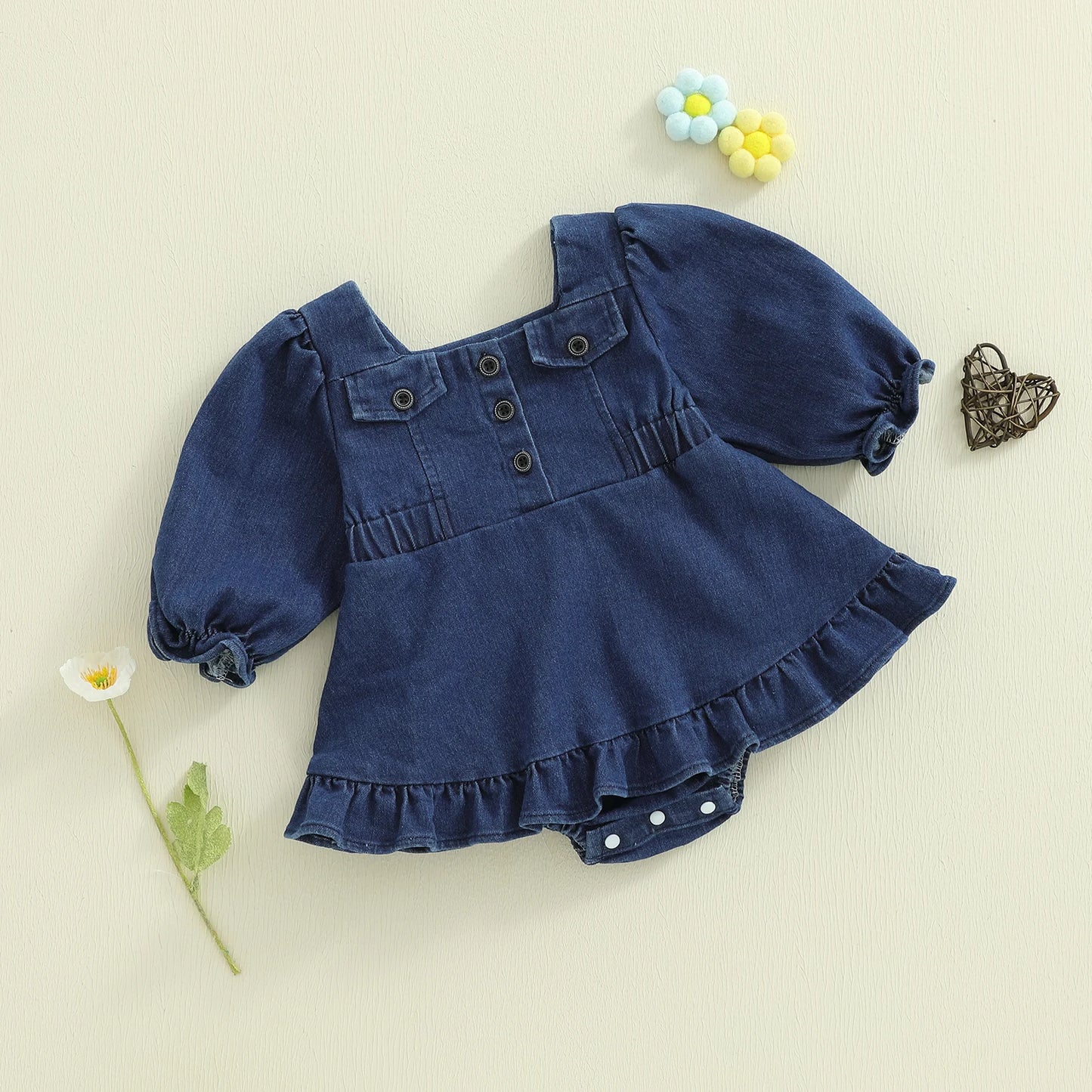 Baby Girls Denim Romper Dress - Square Neck Lantern Long Sleeve Bodysuit (0-24M)
