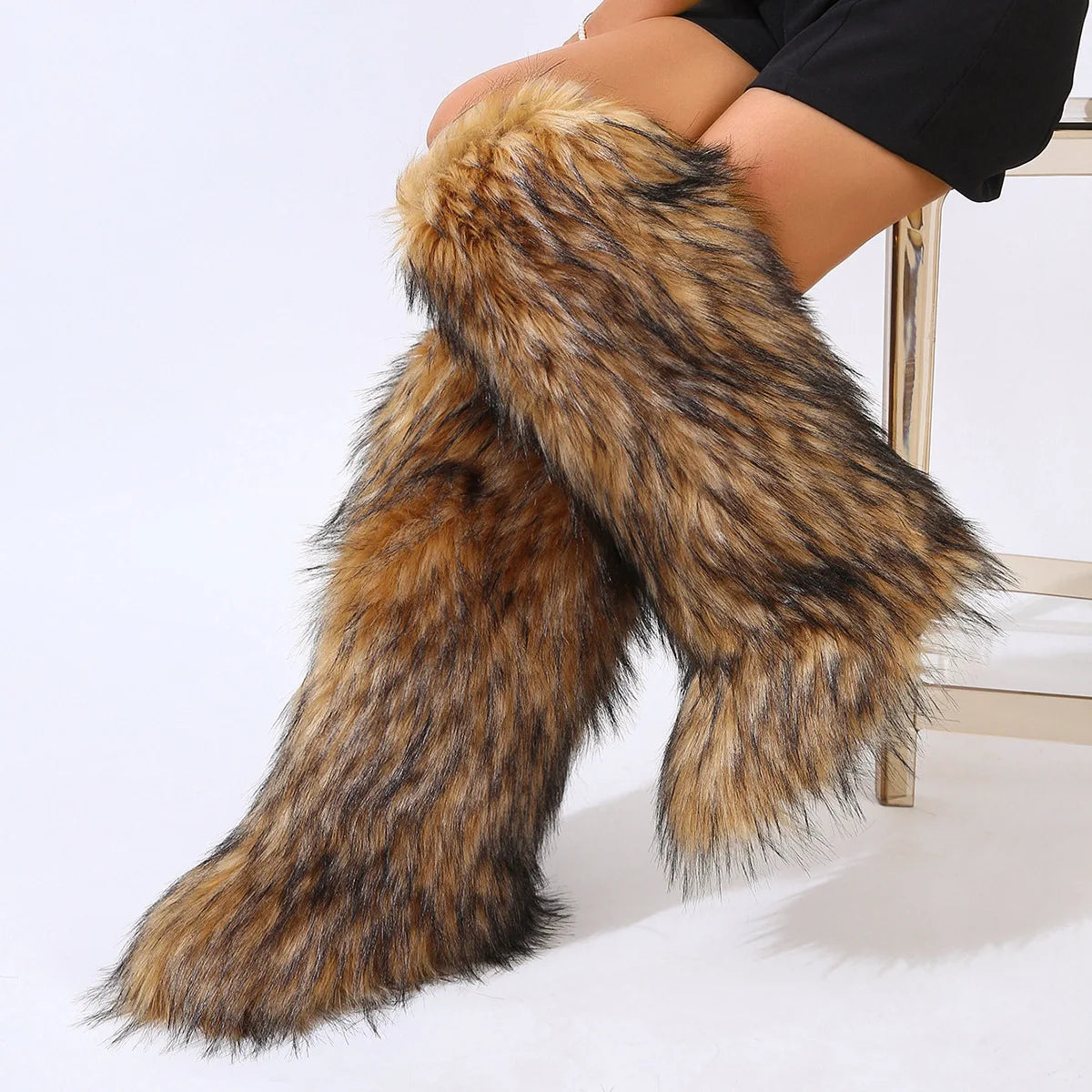 Women's Winter Thigh High Fluffy Plush Knee High Fur Faux Boots