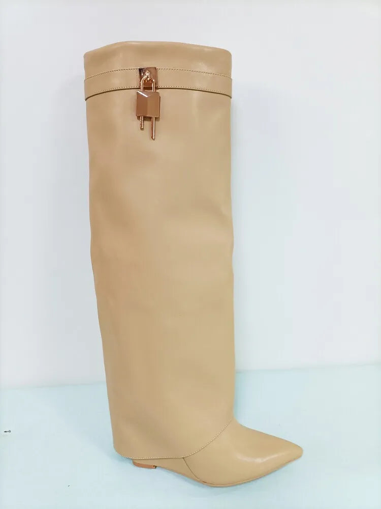 Women's Wedge Leather Mid-Calf Boots - 10cm Heel Metal Buckle Boots