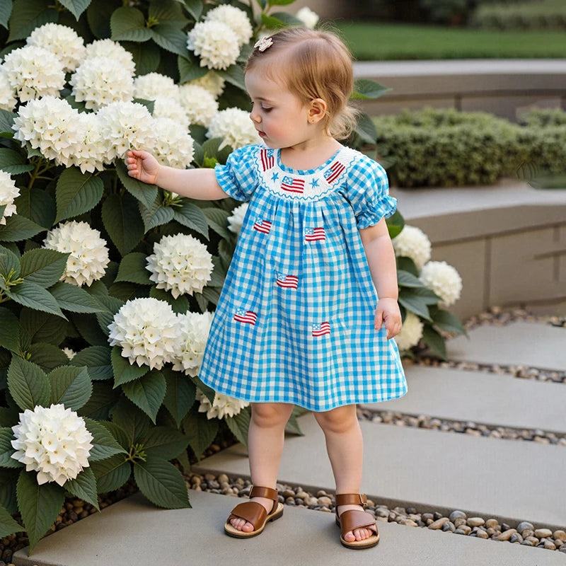 0-4Y  Kids Girl’s  Short Sleeve Embroidery Crew Neck Plaid Flags Print A-Line Dress