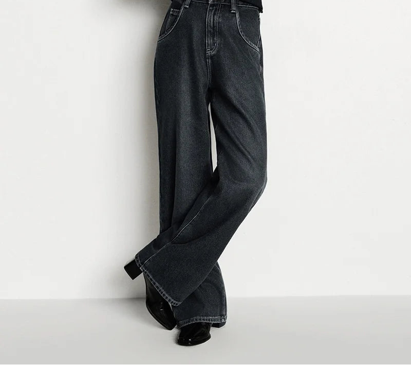 Wide Leg Fleece Lined High Waist Jeans - Women's Floor-Length Winter Denim