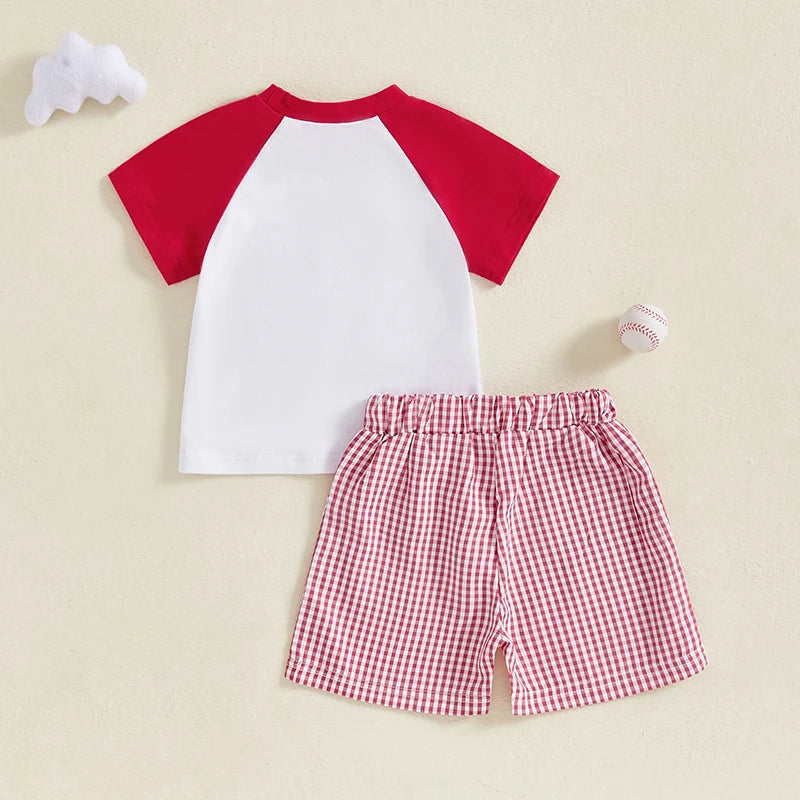 Summer Baby Boys Birthday Baseball Outfit Set - Letter Embroidery T-Shirt & Plaid Shorts (0-3Y)