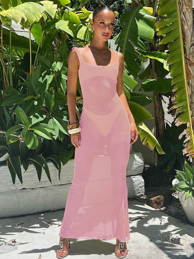 Square Neck Mesh See Through Maxi Dress - Backless Women Holiday Beach Tulle Dress Summer Outfit