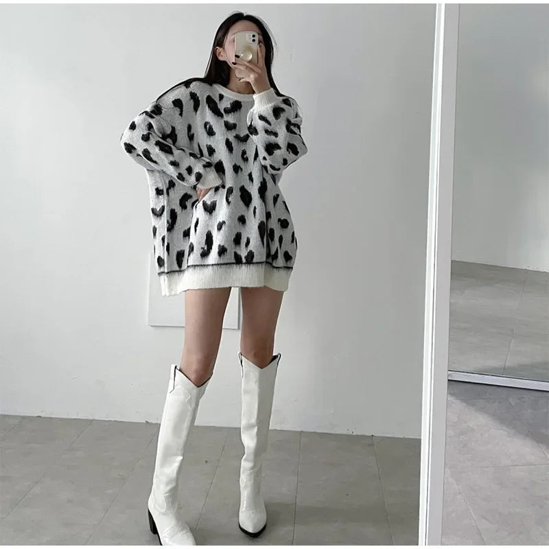 Women's Leopard Print Pullover Loose Oversized Sweater