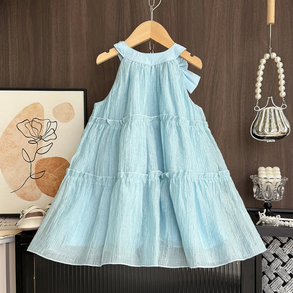 Girl's Neck Hanging Summer Plain Casual Bow Sleeveless Easter Dress