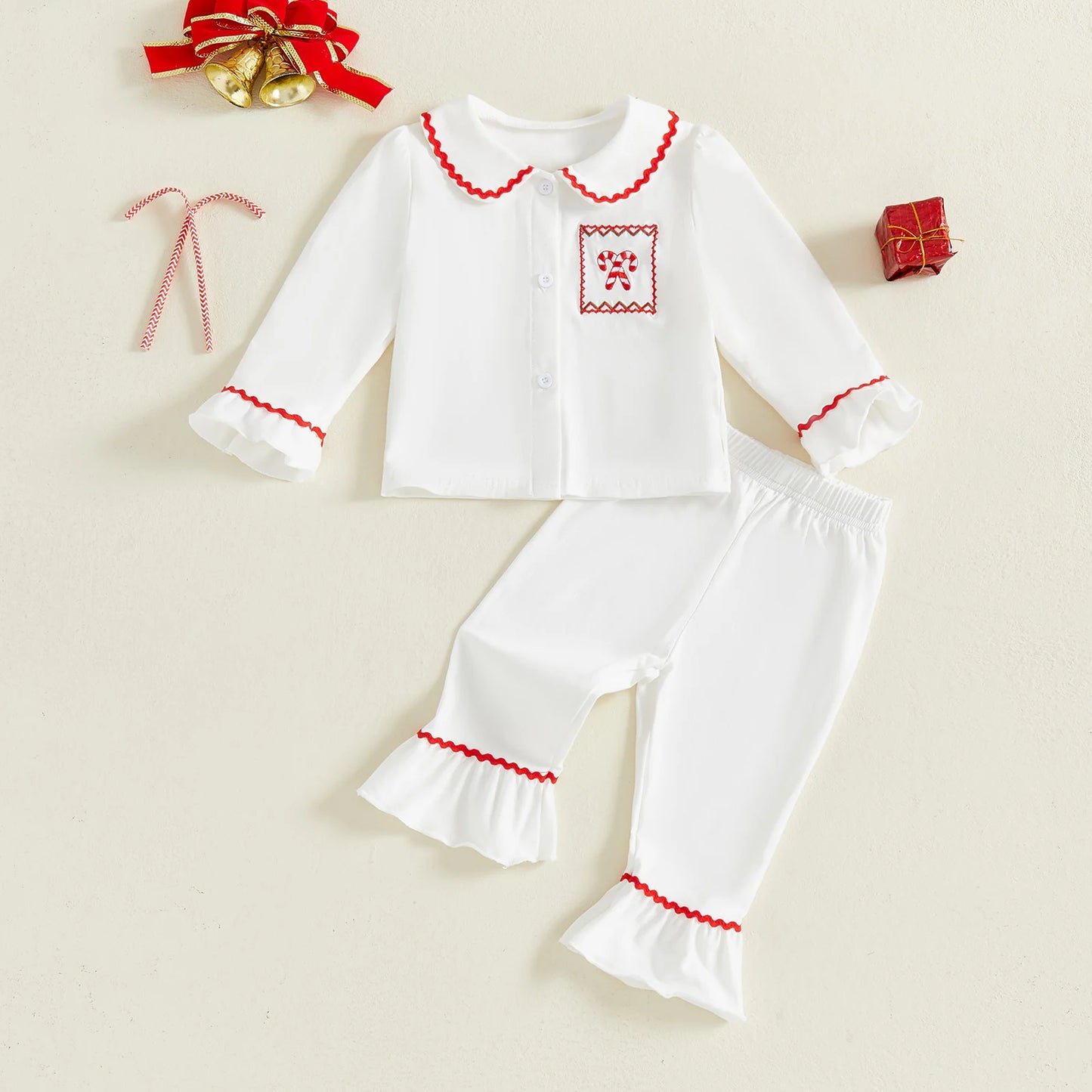 Toddler Girls Christmas Pajamas Set - Candy Cane Long Sleeve Top & Elastic Waist Pants (0-4Y)