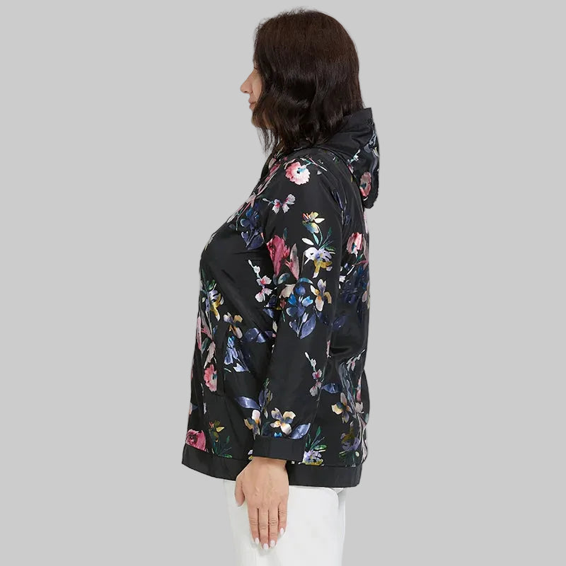 Women's Oversized Hooded Flower Print Zip Windbreaker Jacket