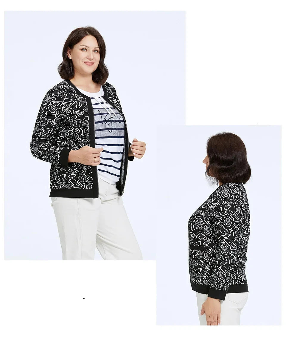 Women's Round Neck Print Windbreaker Zipper Jacket