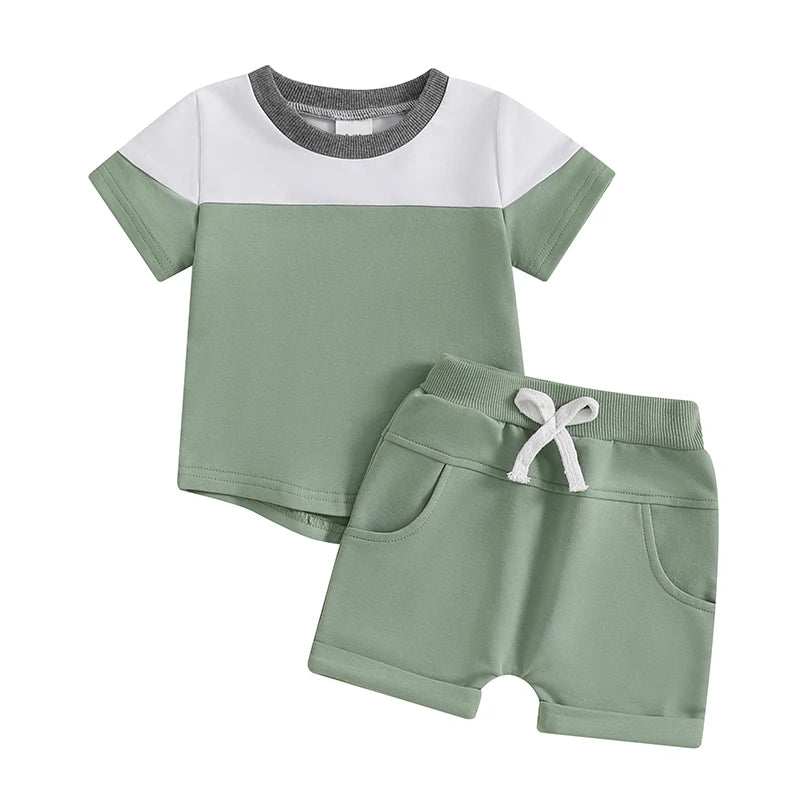 0-3Y Toddler Baby Boys Casual Clothes Set Contrast Colour Round Neck Short Sleeve Tops Pockets Shorts