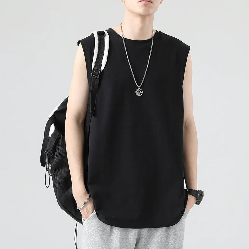 Men's Summer Cotton Sleeveless Loose Vest Sports Comfortable Breathable Round-Neck Tank Top
