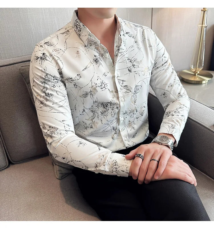 Men's Print Shirt - Slim Fit Long Sleeve Turn Down Collar Shirt