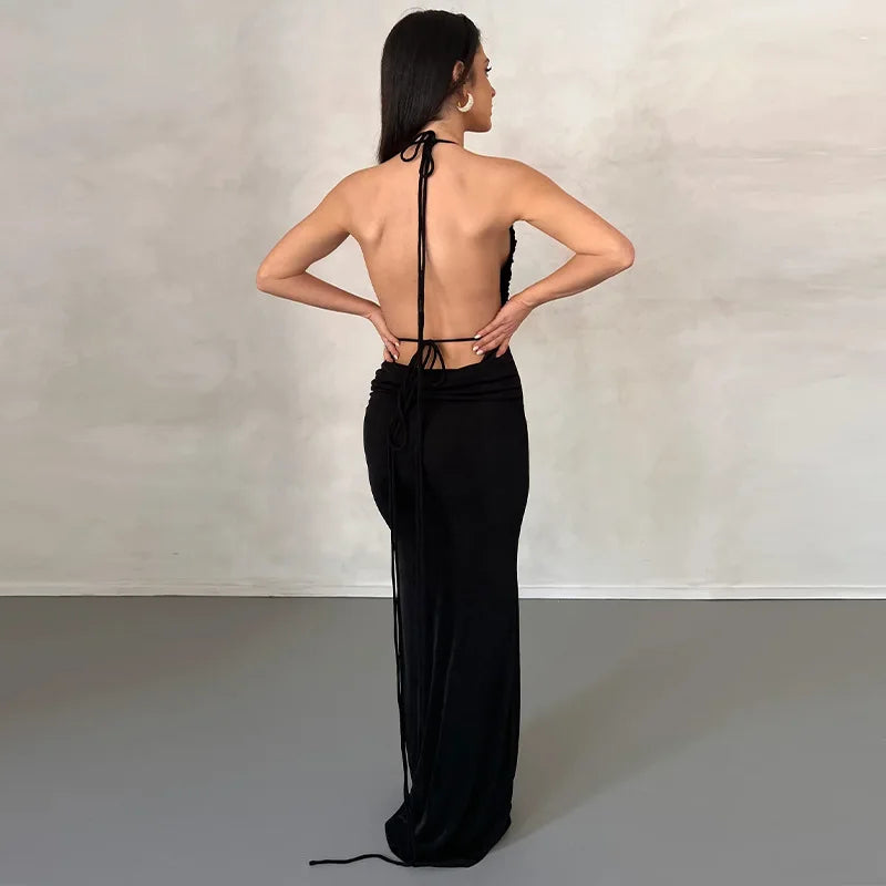 Women's Backless Draped Maxi  Party Sleeveless Knit Ruched Long Dress