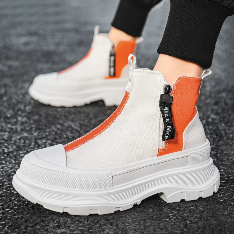 Men's Casual Sneakers Canvas Chunky Platform Ankle Boots High-cut Zip Patchwork Sneakers Breathable Sport Shoes