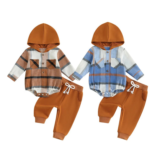 0-24M Baby Boys 2-Piece Clothing Set - Long Sleeve Plaid Hooded Romper with Pants