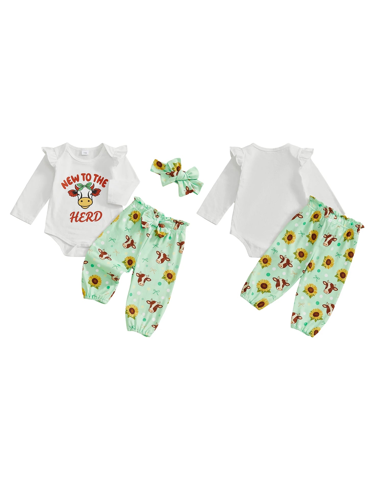 Baby 3-Piece Outfit Set - Cow Print Letter Romper, Pants & Headband
