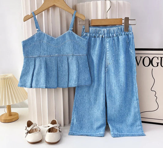 Girl's  Denim Sleeveless Camisole and Pants 2-piece Set