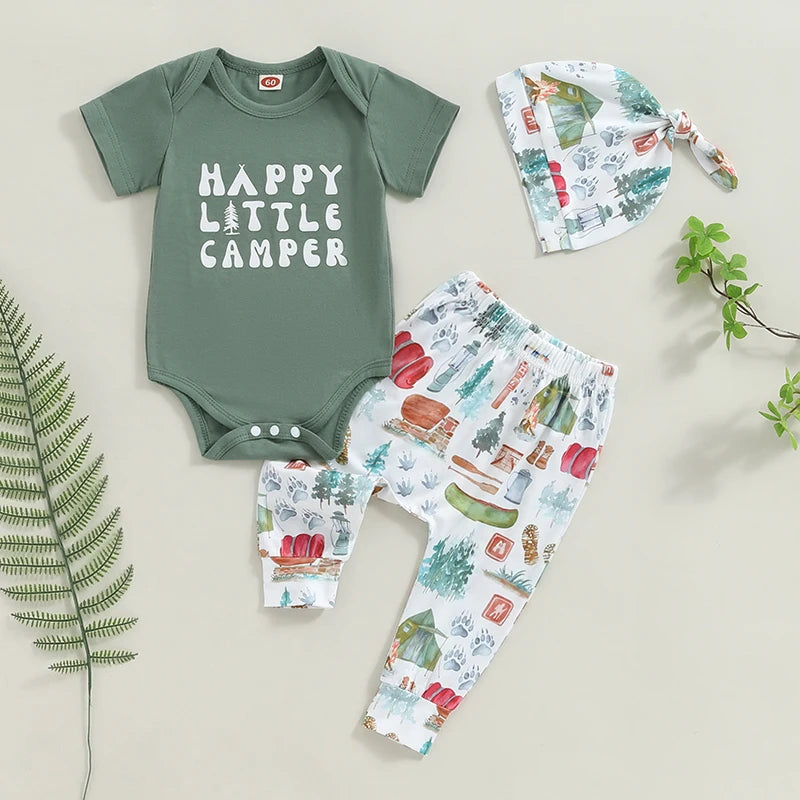 0-12M Newborn Baby Boys Clothes Set - Letters Print Short Sleeve Romper with Trousers and Hat Outfit