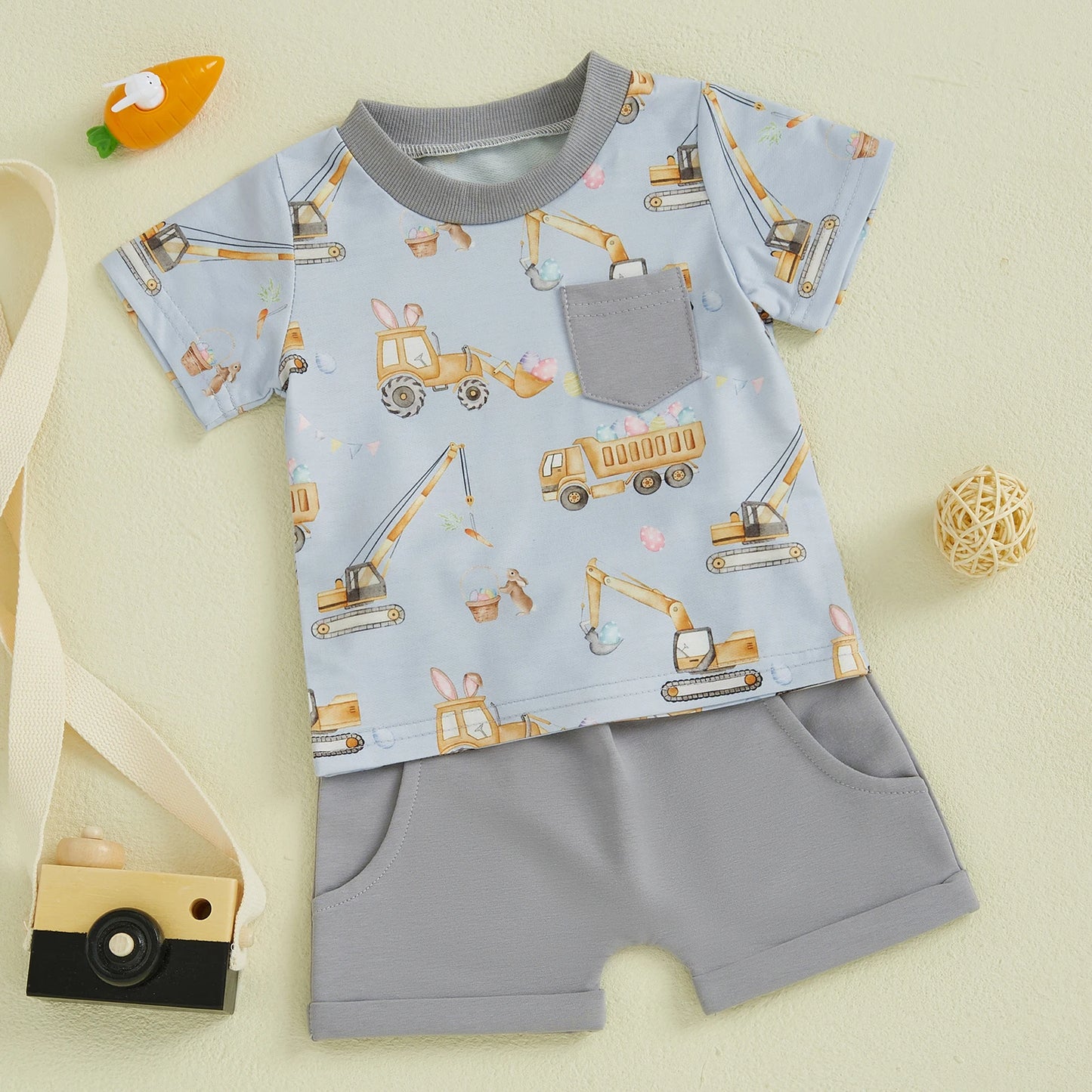 Boys' Excavator Print Summer Outfit Set - Short Sleeve Top with Elastic Waist Shorts