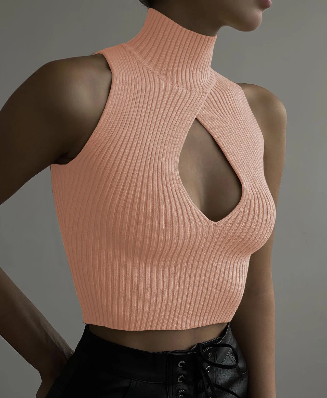 Women's Cut Out Top - Sleeveless Knitted Short Tank Top Turtleneck