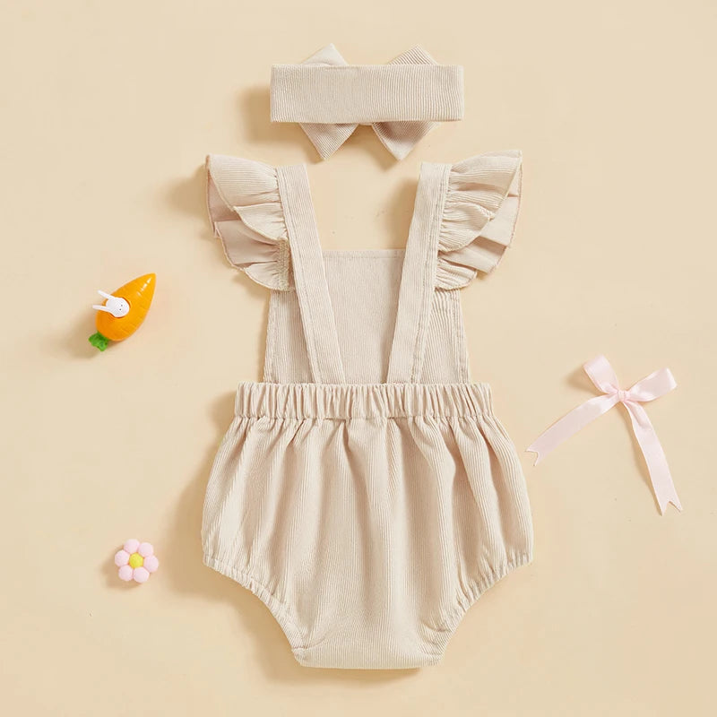 Infant Baby Easter Romper - Ruffles Flying Sleeve Rabbit Embroidery Jumpsuit with Headband